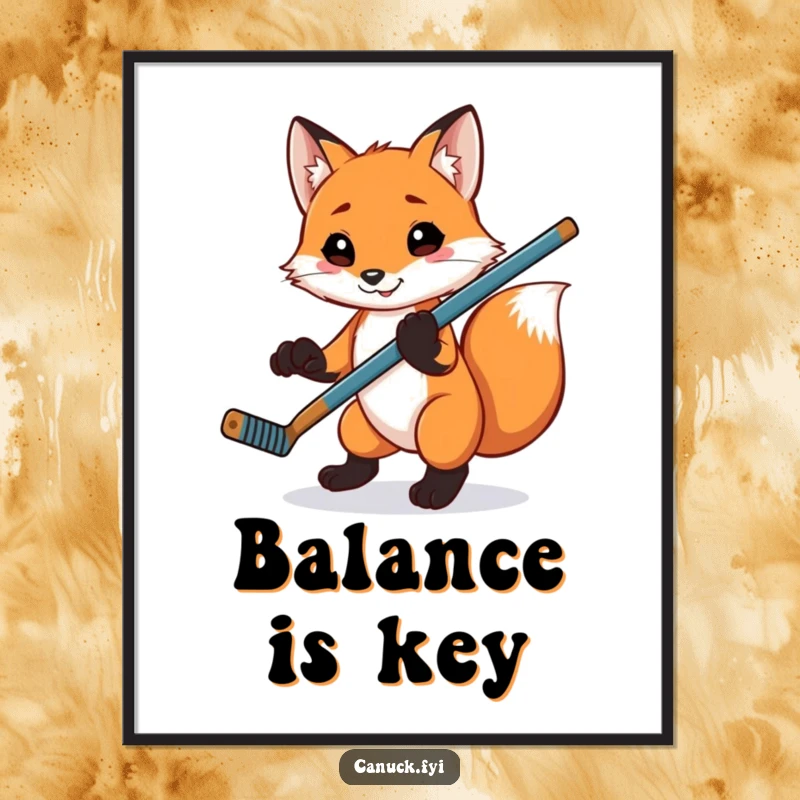 Funny playful fox digital art print, balancing a hockey stick on its paw, a high-resolution humorous artwork.