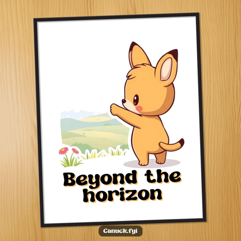 Funny digital art print of a curious animal character pointing towards a scenic view, creating a vibrant and adventurous atmosphere.