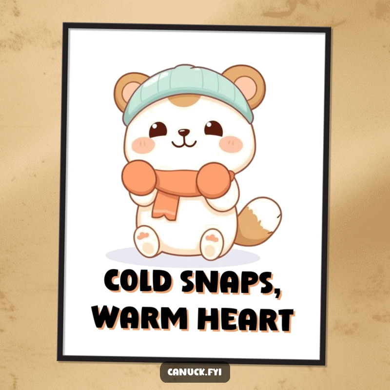 Funny digital art print of a cheerful animal character in mittens, happily catching soft falling snowflakes, bringing instant joy.