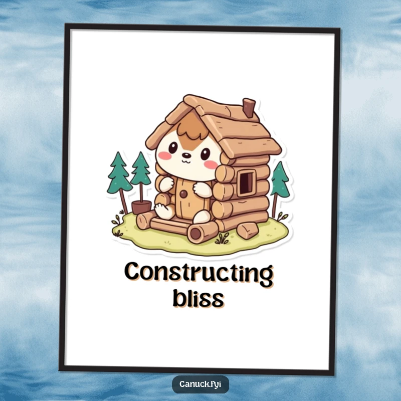 Funny Digital Art Print: Stylized animal humorously builds a miniature log cabin, offering instant whimsical decor.