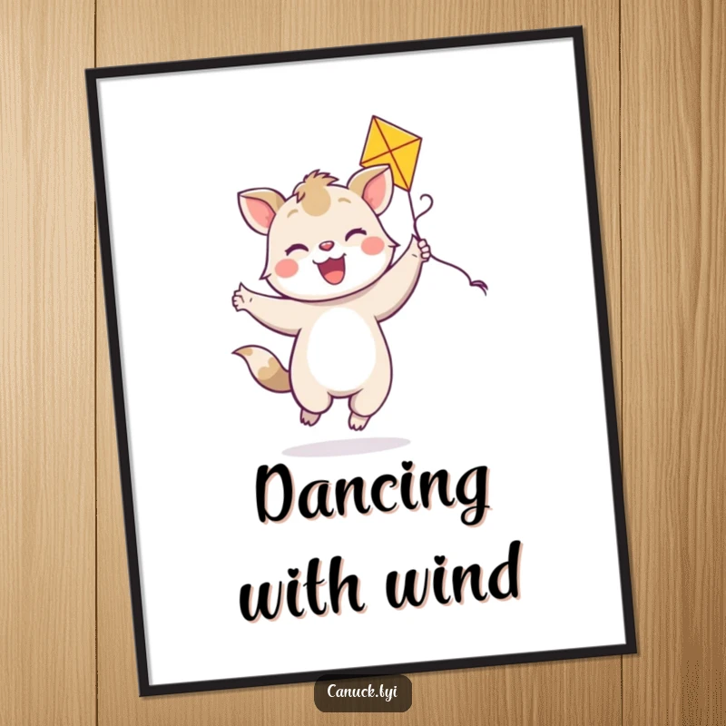 Funny joyful animal digital art, bright smile, dancing with a colorful kite, playful printable art.