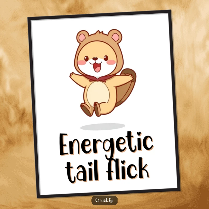 Funny animal digital art print of a creature wearing a beaver tail costume, hopping excitedly, ready to be printed and displayed.