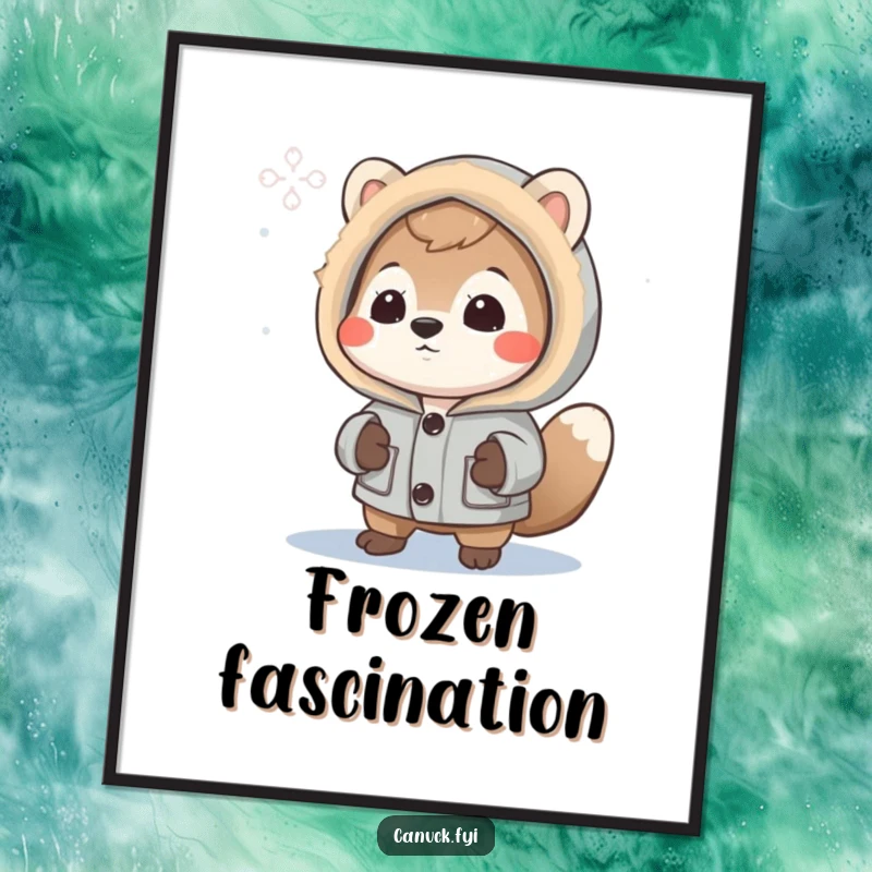 Funny Digital Art Print: Curious animal in a parka gazes at a snowflake, offering serene winter charm for instant decor.