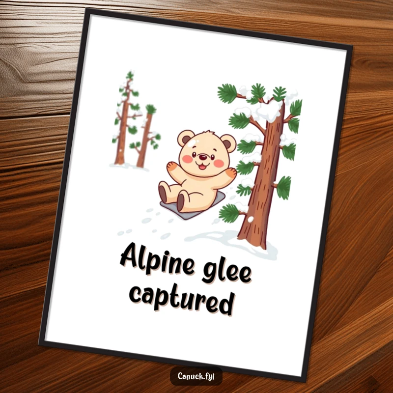 Funny bear cub digital art print of a smiling cub gleefully sliding down a snow-covered, stylized pine tree.