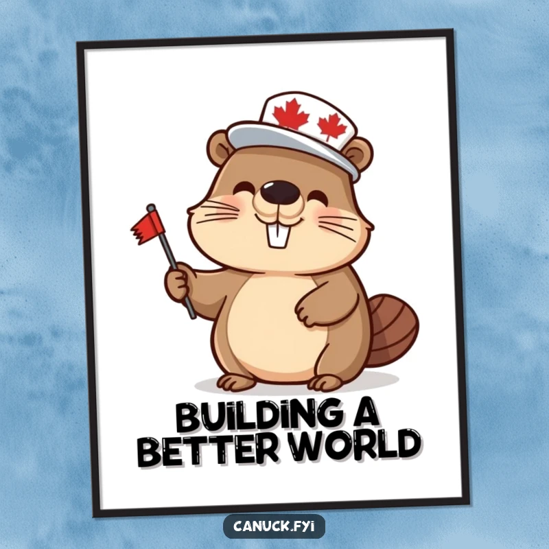 Funny beaver digital art print, wearing a maple leaf hat and waving a flag, for instant humorous Canadian decor.