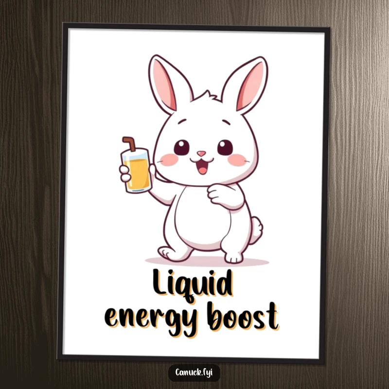Funny digital art print of a bouncing rabbit holding a small pint of liquid, offering instant humorous and lively wall decor.
