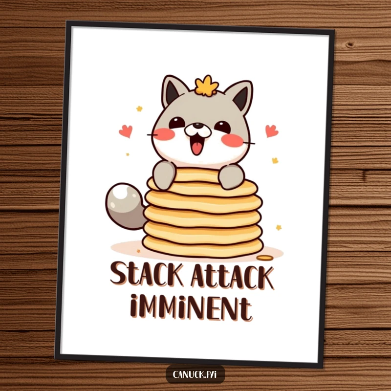 Funny Canadian animal character digital art print, attempting to balance a stack of pancakes, ready to frame.