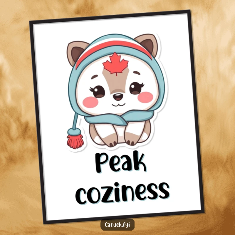 Funny Canadian animal character in a toque, looking supremely cozy, presented as digital art for instant warm decor.