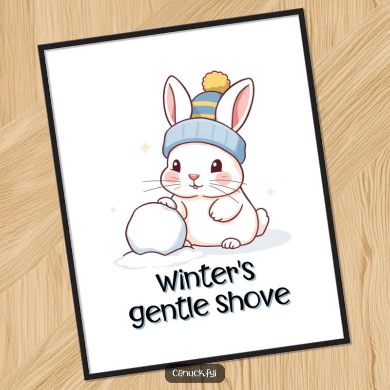 Funny rabbit in a toque, playfully nudging a snowball, digital art print, instant home decor download.