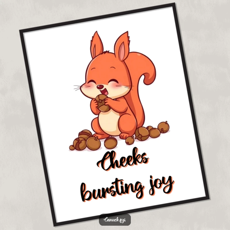 Funny Digital Art Print of a red squirrel with cheeks comically stuffed full of acorns, capturing a moment of humorous excitement and preparation.