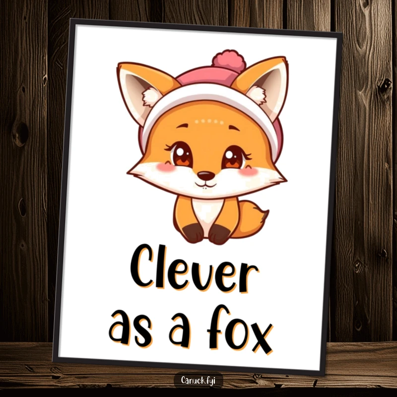 Funny Fox Digital Art: A curious fox with a twinkle wears a tuque, ready to print.