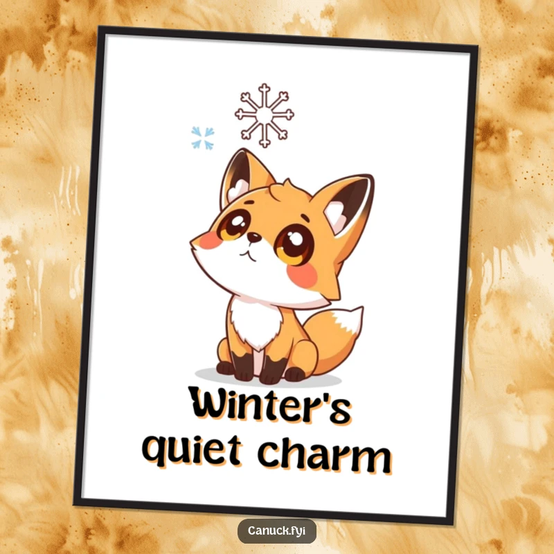Funny digital art print of a curious fox with wide eyes gazing up at a stylized falling snowflake in a winter setting.