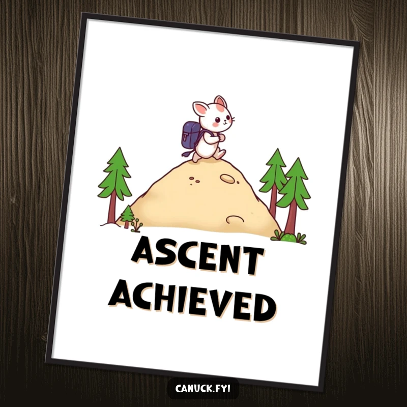 Funny digital art print of a creature with a backpack hiking a hill, ideal for humorous home or office decor.