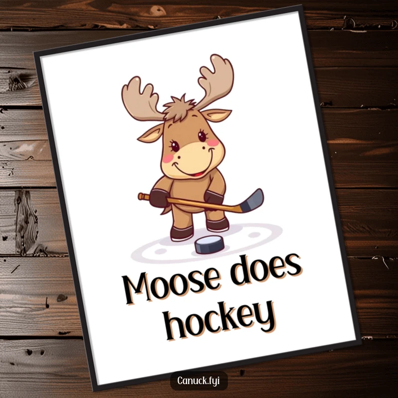 Funny smiling moose digital art print, playing hockey, tapping a puck, energetic sports artwork, perfect for home decor, a fun gift.