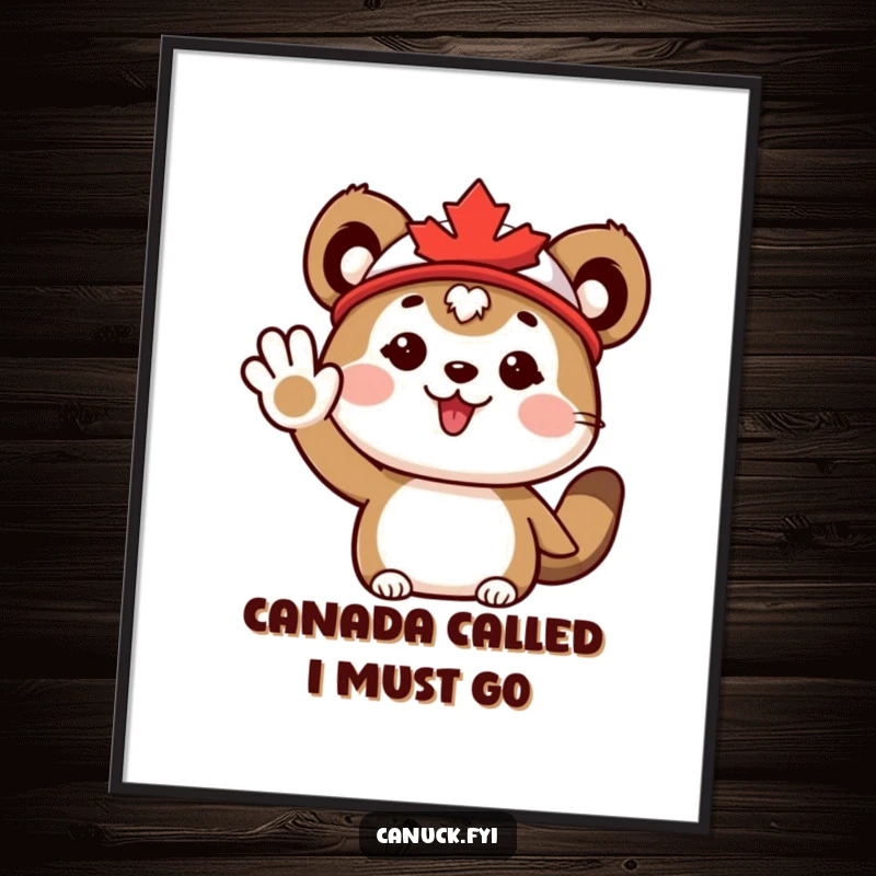 Funny Digital Art Print: Cute animal wearing a maple leaf hat, waving enthusiastically, instantly downloadable for cheerful decor.