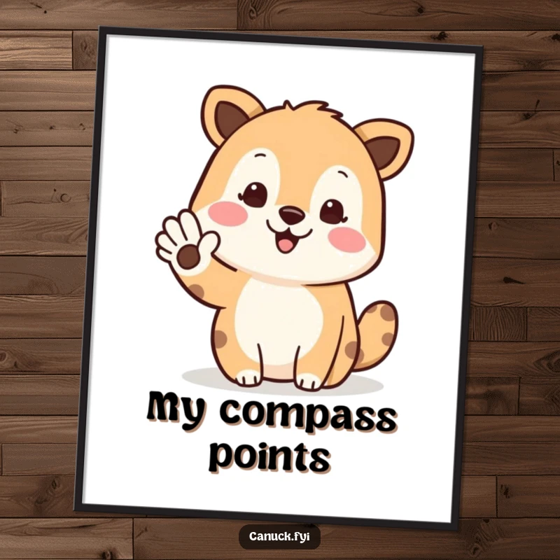 Funny digital art print of a cute animal waving and pointing north, ideal for humorous home or office decor.