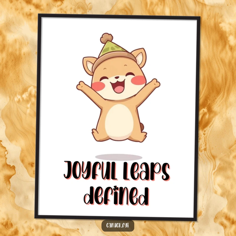 Funny digital art of a jubilant animal in a miniature toque, performing a dynamic, joyful leap. Instant happiness download.