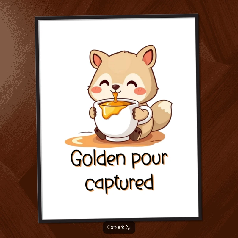 Funny stylized animal digital art print offering a cup of steaming maple syrup, ready to be printed and displayed.