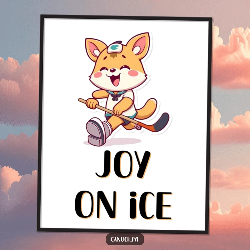 Funny Digital Art Print: Playful animal character kicks a hockey puck with exaggerated joy, perfect for instant sporty decor.