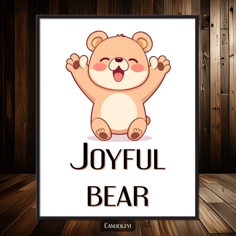 Funny digital art print of a happy bear character enthusiastically cheering with both paws up, instant download funny gift.