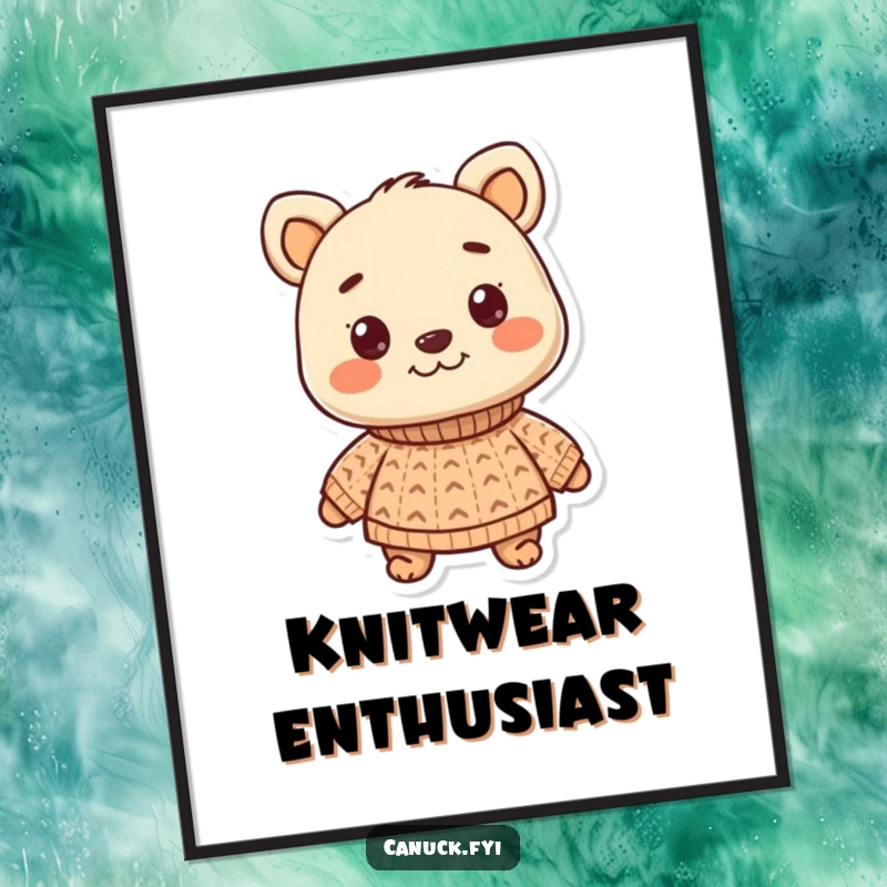 Funny digital art of a smiling animal character proudly wearing a cozy, knitted sweater. Instant download for charming decor.