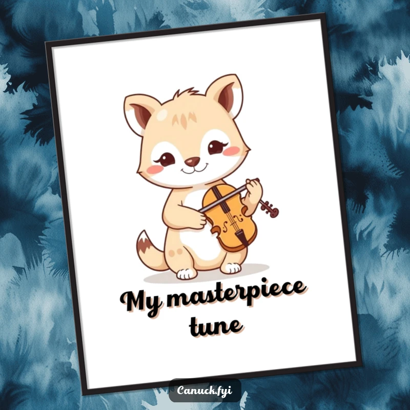 Funny digital art print of a friendly, determined animal engrossed in playing a tiny fiddle with a cheerful, artistic vibe.