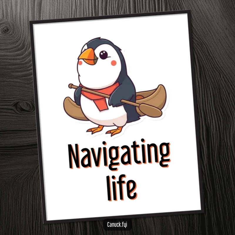 Funny Puffin Digital Art Print: A determined puffin paddles a small canoe, capturing a moment of whimsical adventure. An excellent funny gift.