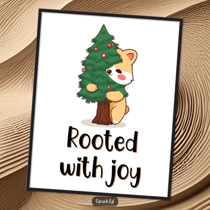 Funny digital art print of a cartoon animal hugging a stylized pine tree, ideal for humorous nature-themed decor.