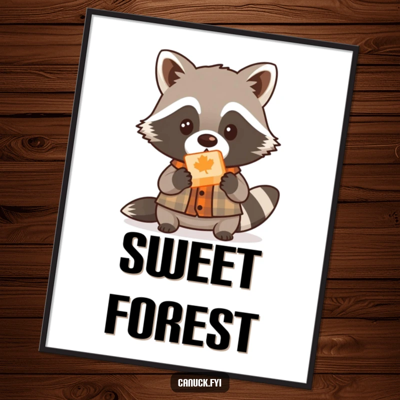 Funny cute raccoon lumberjack digital art, small shirt, offering maple candy, playful woodland printable art.