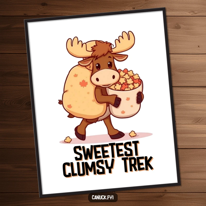 Funny Moose Digital Art: A lumbering moose humorously carries a large bag of maple candies, capturing a moment of sweet, endearing humor.