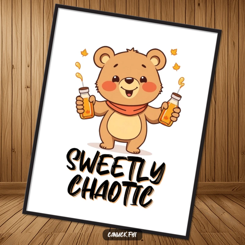 Funny juggling bear digital art print, cheerful cartoon bear juggling maple syrup bottles, printable.