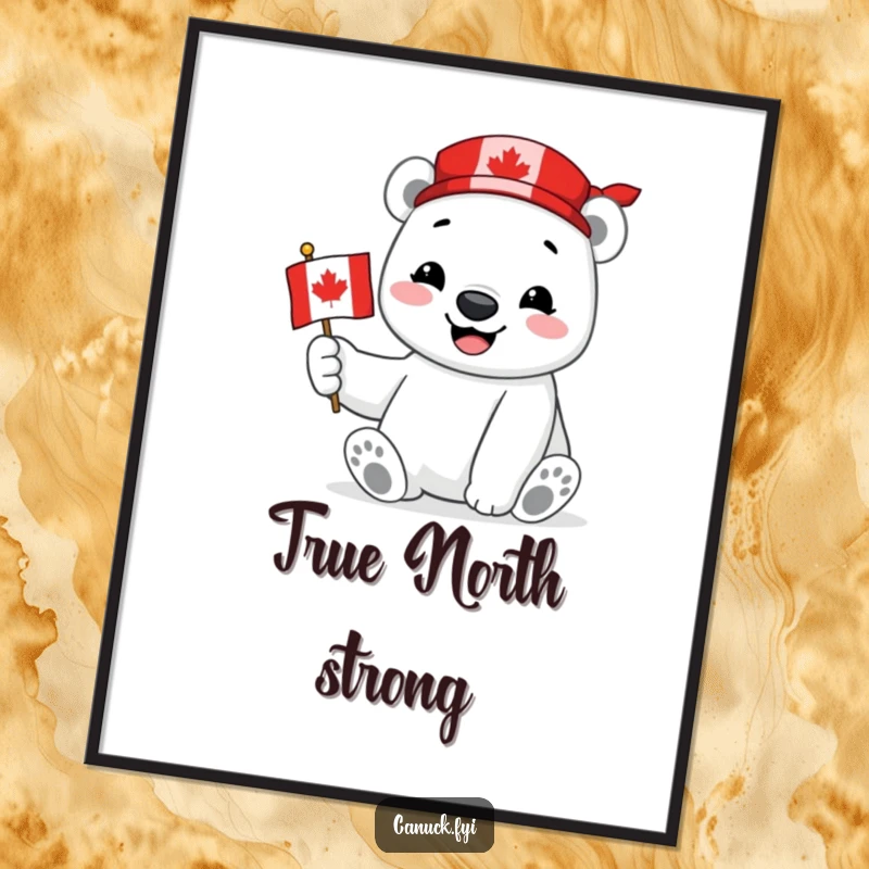 Funny Polar Bear Digital Art Print of a smiling polar bear proudly holding a miniature Canadian flag, perfect for patriotic and cheerful decor.