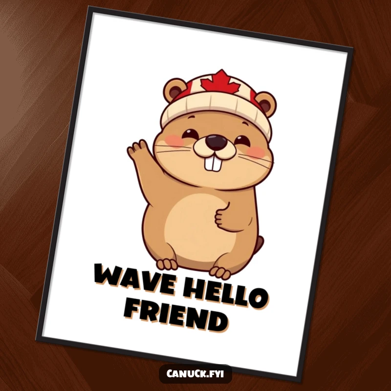 Funny cheerful beaver digital art print, maple leaf beanie, waving enthusiastically, a high-resolution humorous artwork.