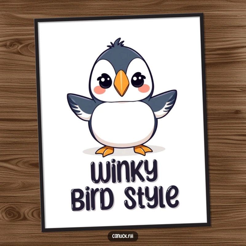 Funny digital art of a proud puffin wearing a miniature toque and winking, adding coastal flair.