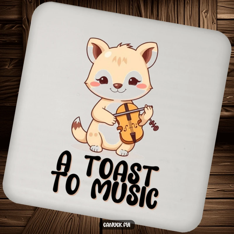 Funny drink coaster depicting a friendly, determined animal focused on playing a miniature fiddle, guarding your beverage.