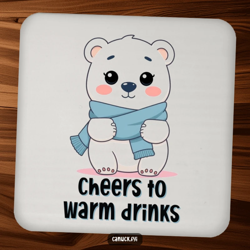 Funny drink coaster featuring a polar bear in a scarf, offering a hug, protecting surfaces charmingly.