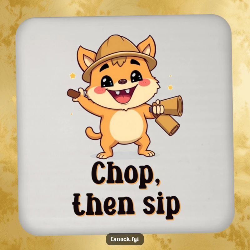 Funny drink coasters featuring a creature with an enthusiastic grin performing a cheerful lumberjack chop, adding fun to drinks.