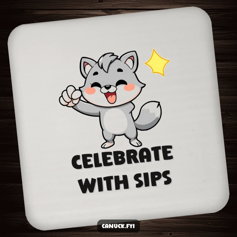 Funny drink coaster featuring an energetic animal character pumping its fist, adding a touch of motivational power to surface protection.