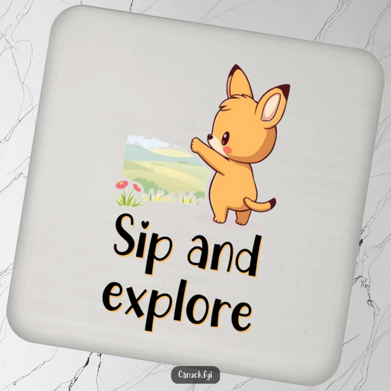 Funny drink coaster featuring a curious animal character pointing towards a scenic view, adding a touch of adventurous inspiration to surface protection.
