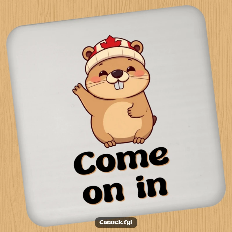 Funny cheerful beaver drink coaster, maple leaf beanie, waving enthusiastically, a humorous and functional home accessory.