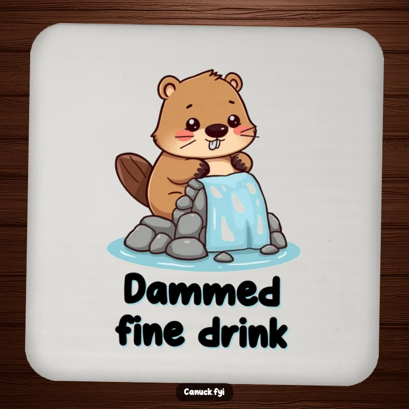Funny drink coaster depicting a stylized beaver character playfully building a miniature dam, safeguarding your beverage.
