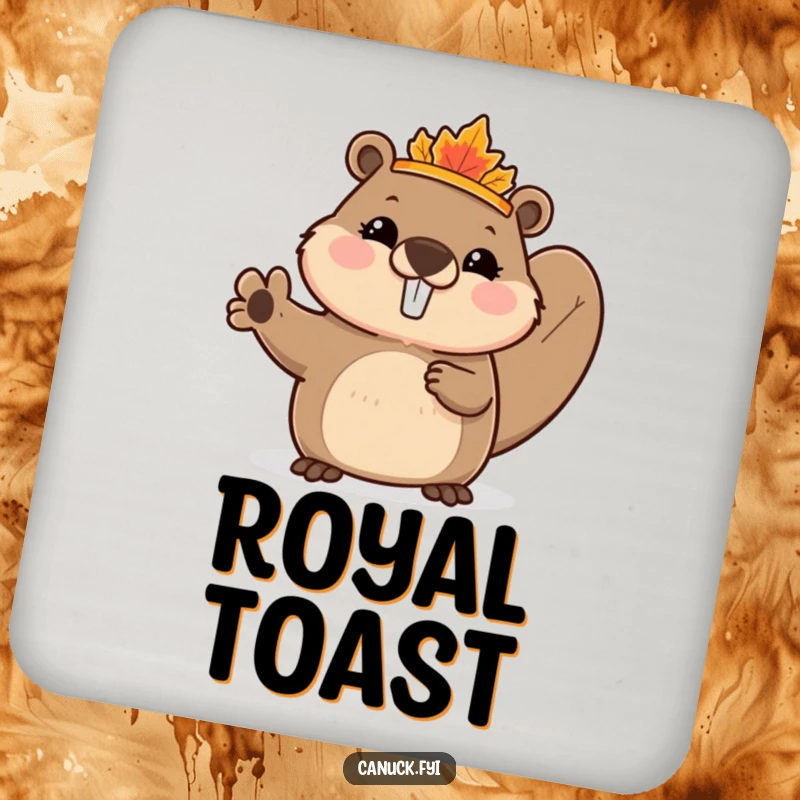 Funny Beaver Drink Coaster featuring a cute beaver with a tiny maple leaf crown, enthusiastically waving, perfect for protecting surfaces with charm.