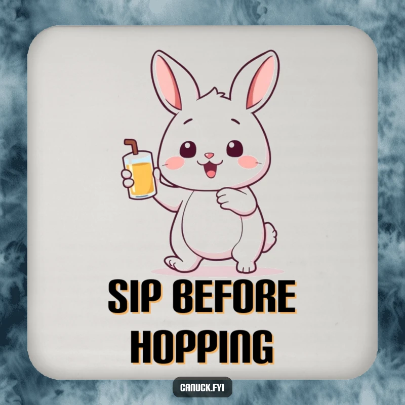 Funny drink coasters with a bouncing rabbit holding a small pint of liquid, offering humorous protection for tables.