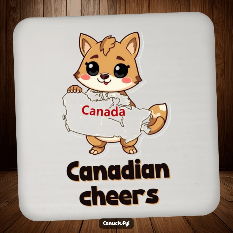 Funny drink coasters featuring a confident animal character with a map of Canada, perfect for protecting surfaces.