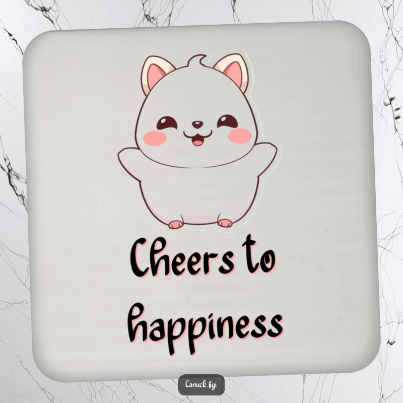 Funny Chubby Cat Coaster: A proud, happy chubby feline character beaming with joy, protecting surfaces, great as a funny gift.