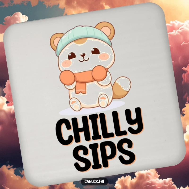 Funny drink coasters featuring a cheerful animal in mittens, happily catching falling snowflakes, protecting surfaces with winter charm.