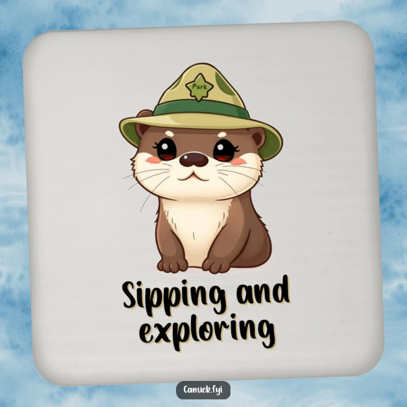 Funny curious otter coaster, cute otter wearing a tiny park ranger hat, looking inquisitive, drink protector.
