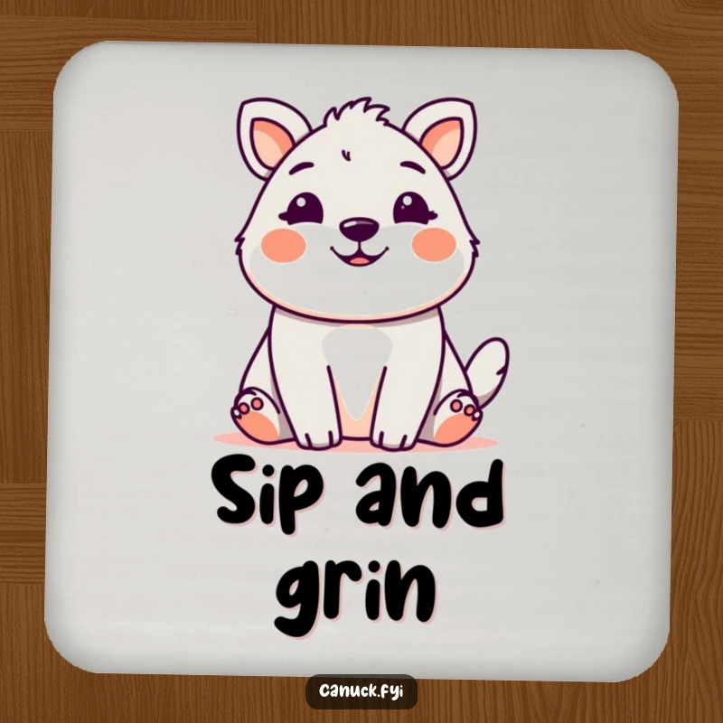 Cute animal with a friendly, welcoming grin, depicted on a humorous drink coaster.
