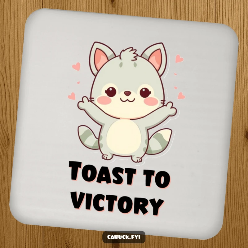 Funny Cute Dog Coaster: A cute dog character doing a celebratory gesture, protecting surfaces with humor, a funny gift.