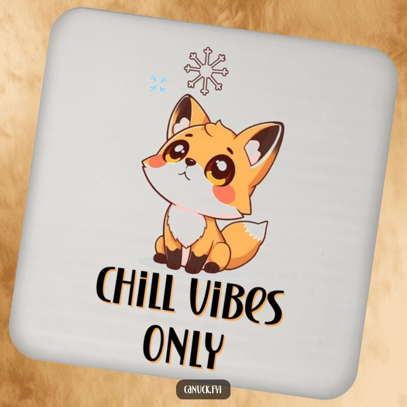 Funny drink coaster with a curious fox character looking up at a falling snowflake, protecting surfaces from moisture.